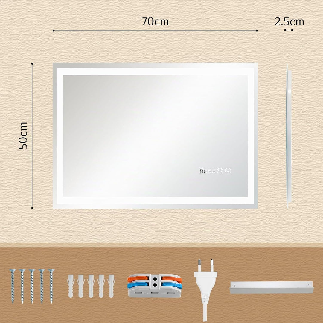 Clevich Badspiegel mit Beleuchtung und Uhr 70×50 cm, LED Spiegel mit 3 Lichtfarben dimmbar, gehärtet