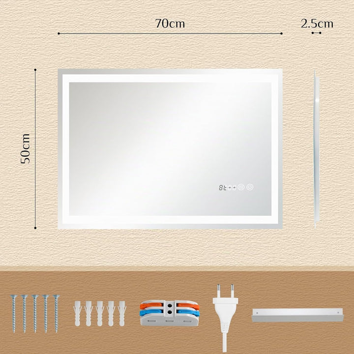 Clevich Badspiegel mit Beleuchtung und Uhr 70×50 cm, LED Spiegel mit 3 Lichtfarben dimmbar, gehärtet