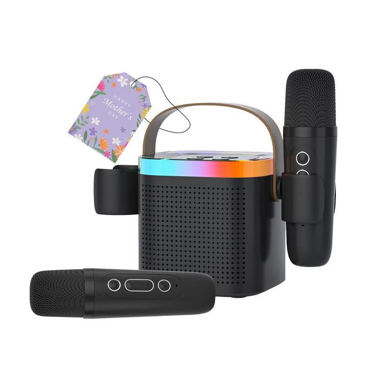 Mini Karaoke Maschine mit 2 Mikrofones, Kreative Musik Lautsprecher mit Mic Halter für Kinder Erwach