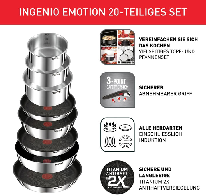 Tefal Ingenio Emotion 20-tlg. Topf und Pfannenset abnehmbarer Griff, mit Zubehör, stapelbar, platzsp
