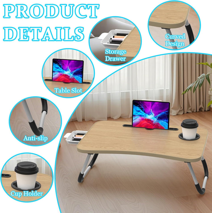 Soontrans Laptoptisch, 60 x 40 x 28 cm, Laptop Tisch mit Tablethalter, Schublade, Getränkehalter, Be