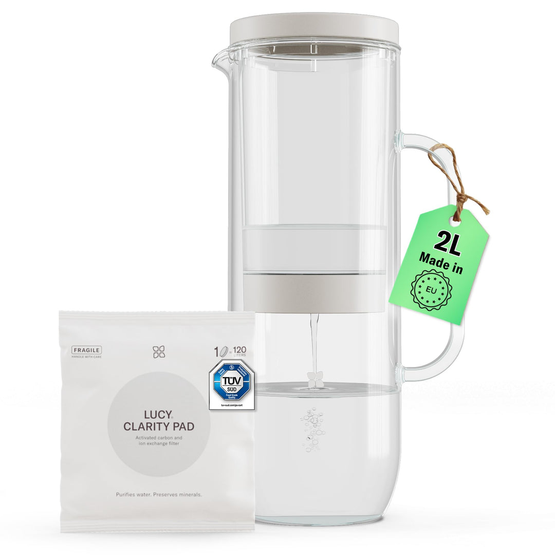 LUCY® Wasserfilter Kanne 2L | Filter Karaffe Glas für Kühlschranktür inkl. Filterkartusche Pad I Fil