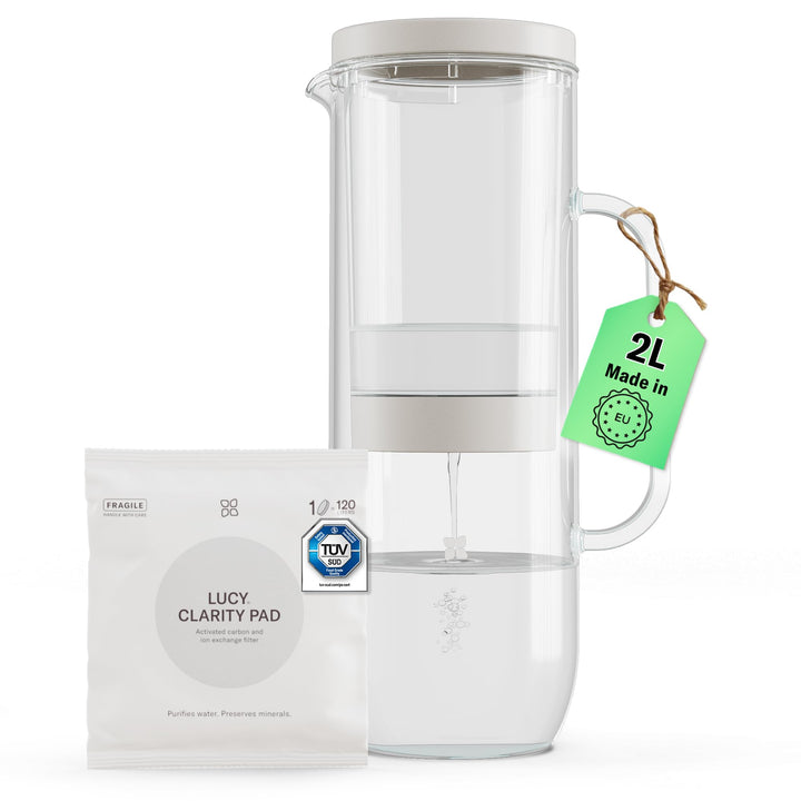 LUCY® Wasserfilter Kanne 2L | Filter Karaffe Glas für Kühlschranktür inkl. Filterkartusche Pad I Fil