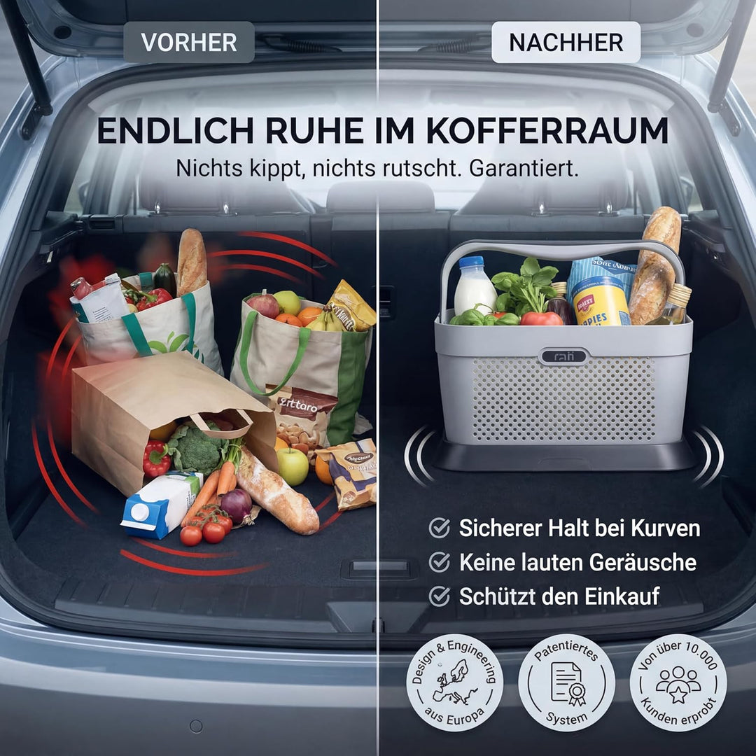 rati Basket Nordic - Smarter Auto Korb zum Einkauf & Outdoor-Aktivitäten, mit Befestigungsadapter zu