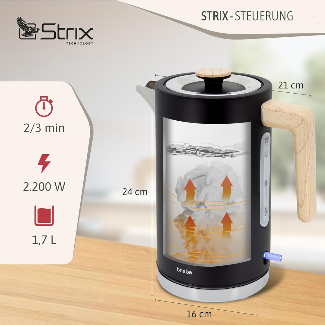 briebe Nordic Wasserkocher 1,7L Elektrischer Teekocher 2200W Schnell Aufheizender, BPA-frei, 360° So