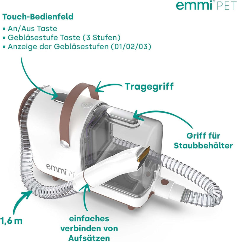 emmi-pet Grooming Kit Home - 6in1 Hundeschermaschine mit Staubsauger | Dreifachnutzung mit Schermasc