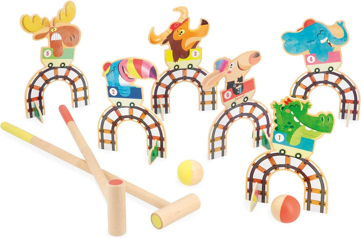 Janod - Kinder-Krocketspiel Applepop - Geschicklichkeitsspiel - 6 Tore + 2 Schläger + 2 Bälle - Förd