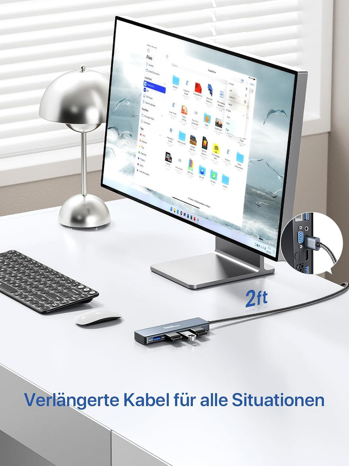 Dockteck USB Hub 3.0 Ultra Flacher Datenhub mit Nylon Geflochten Verlängerungskabel 60cm,Mehrfach US