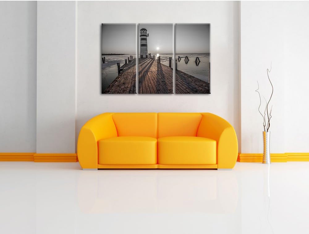 Pixxprint Leuchtturm am Steg als Leinwandbild/Grösse: 3 Teilig (120x80) cm/Wandbild/Kunstdruck/ferti