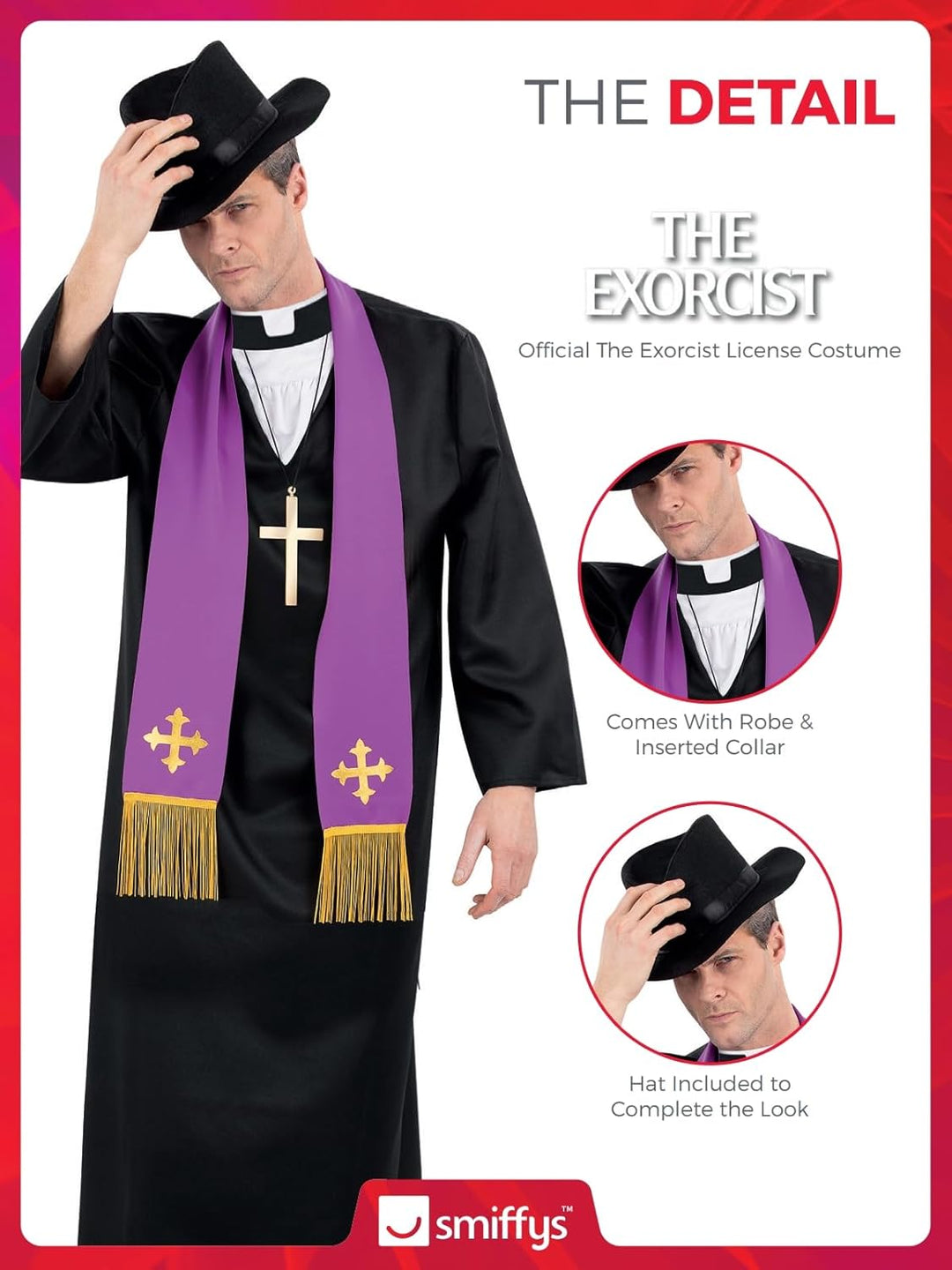 Smiffys Der Exorzist, Vater Merrin Priester Kostüm, Robe mit eingesetztem Kragen, Stola, Kreuz-Halsk