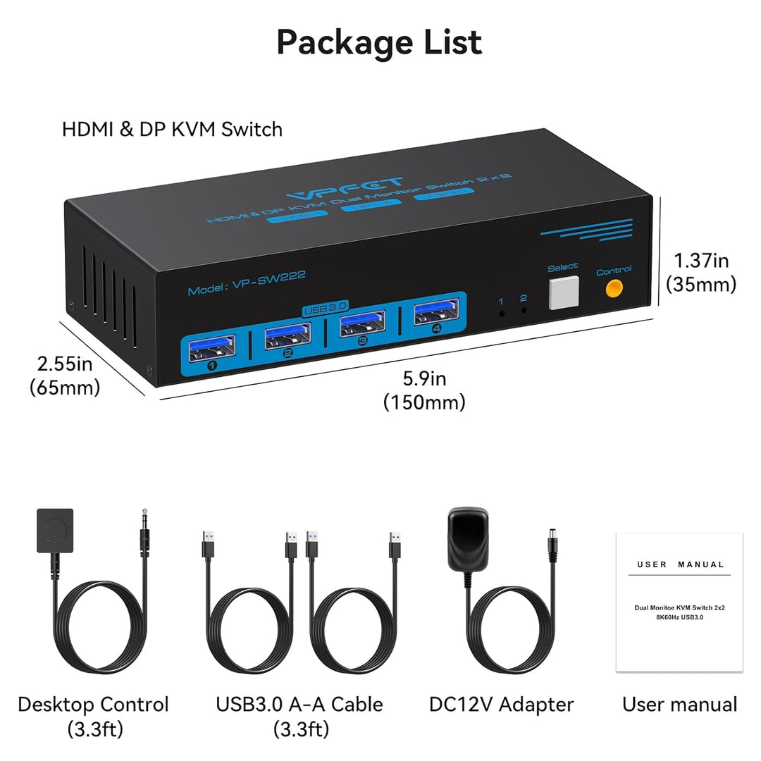 8K60Hz Displayport HDMI KVM Switch 2 PC 2 Monitore 4K120Hz USB 3.0 KVM Switches mit 4 USB Anschlüsse