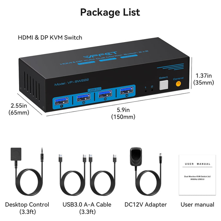 8K60Hz Displayport HDMI KVM Switch 2 PC 2 Monitore 4K120Hz USB 3.0 KVM Switches mit 4 USB Anschlüsse