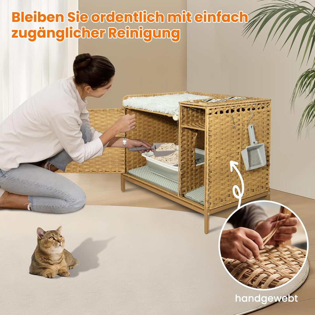 XXL Verstecktes Katzenklo Möbel mit Plüschkissen, 90x50x65cm Handgewebtes Rattan Katzenhaus, Stabil