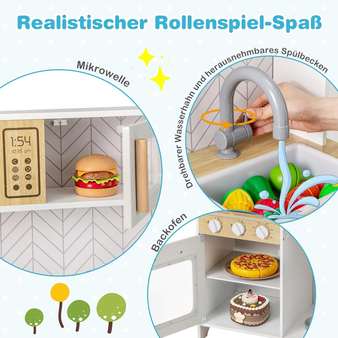 DREAMADE Kinderküche Holz mit Zubehör, Holzküche Mini Küche Kinder Küche mit Herd Ofen Waschbecken,