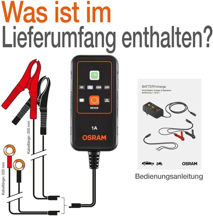 OSRAM BATTERYcharge 901, KFZ-Batteriewartungsgerät 6V & 12V, mobiles Batterieladegerät für Motorräde