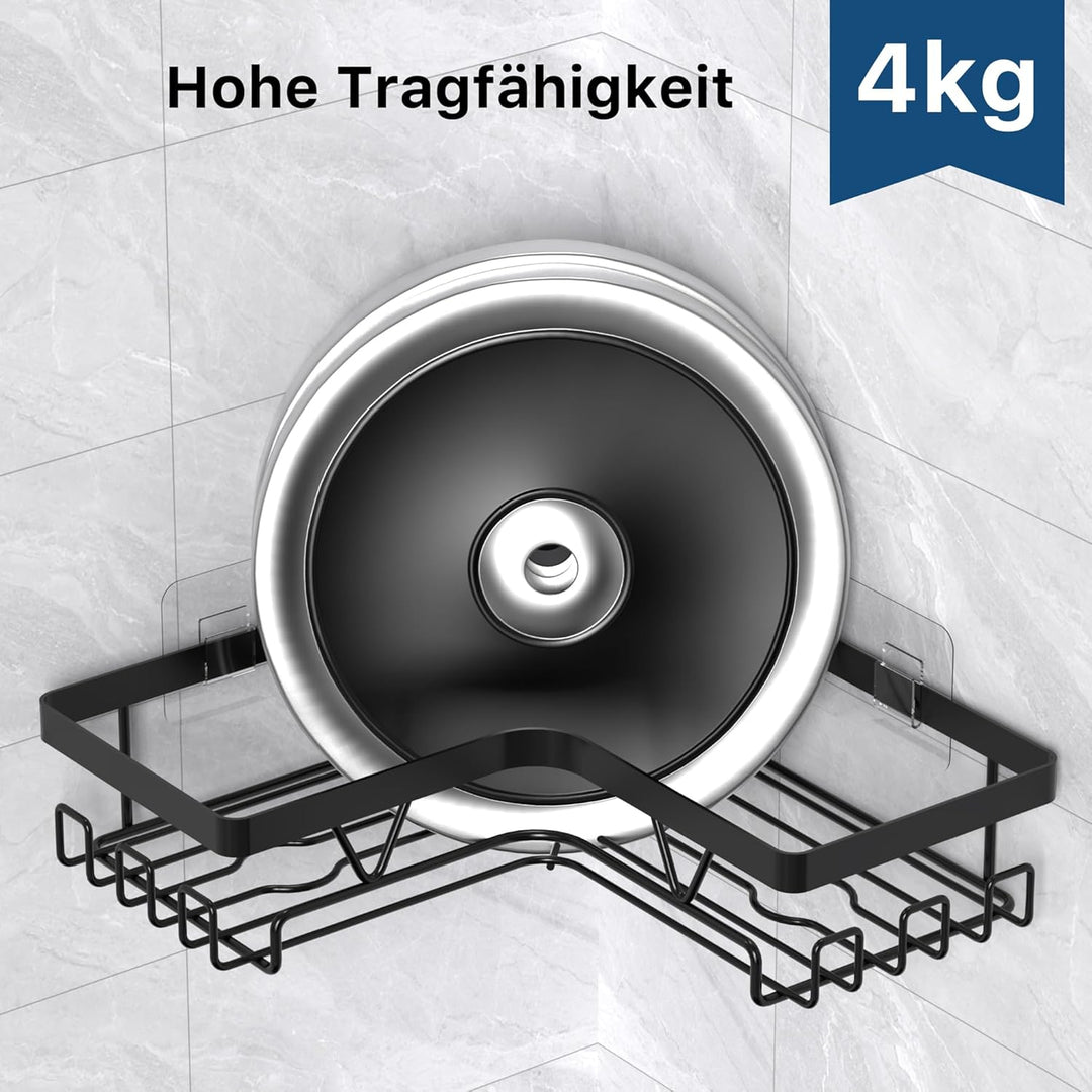 Kegii Duschablage Ecke Schwarz - 4 Stück Edelstahl Duschablage Ohne Bohren mit Seifenschale & Zahnbü