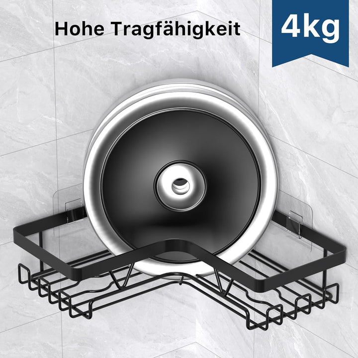Kegii Duschablage Ecke Schwarz - 4 Stück Edelstahl Duschablage Ohne Bohren mit Seifenschale & Zahnbü