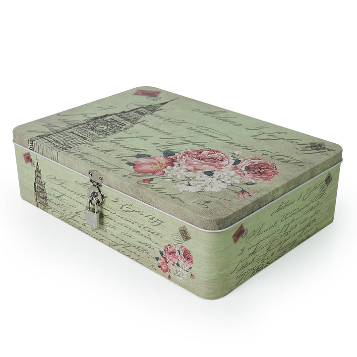 Aoneky Zinn Retro Aufbewahrungsbox mit Schloss, 30.4 x 22.8 x 8.2cm - Metalldose für Medikamente Pos