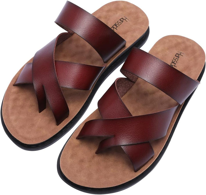 Harssidanzar Herren Sandalen Hausschuhe Cross Straps Slide Slip On Flip Flops für Männer Toe Ring St