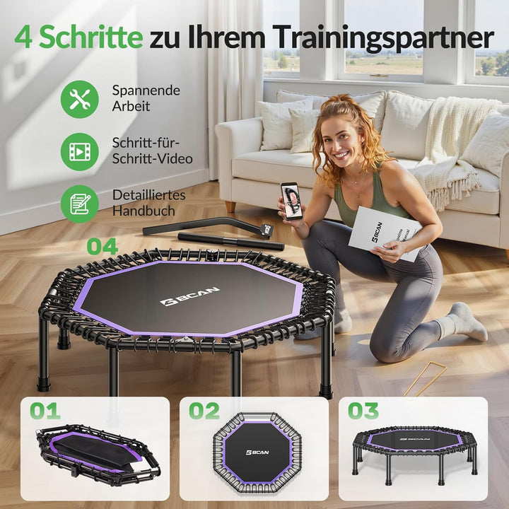 BCAN Achteckiges Indoor-Fitness-Trampolin, 130cm, Trampolin für Erwachsene bis 205 kg, mit verstellb
