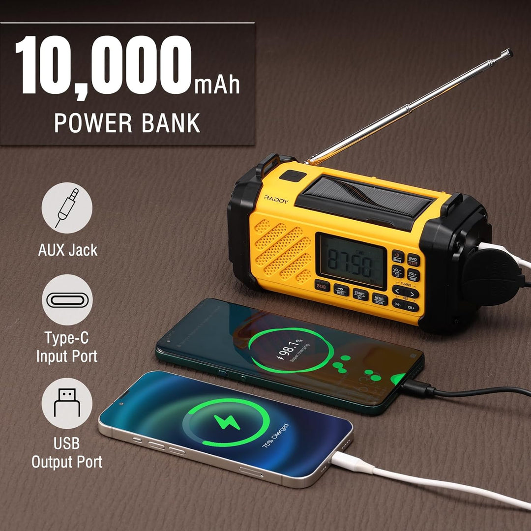 [10,000mAh Akku] Raddy SH-906 Notfallradio, tragbares Solar-Handkurbelradio mit AM/FM/SW/VHF, Tasche