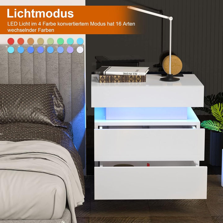 PIPIPOXER Nachttisch mit LED Beleuchtung, Nachttisch Weiss Hochglanz mit 2 Schubladen, Nachtschrank