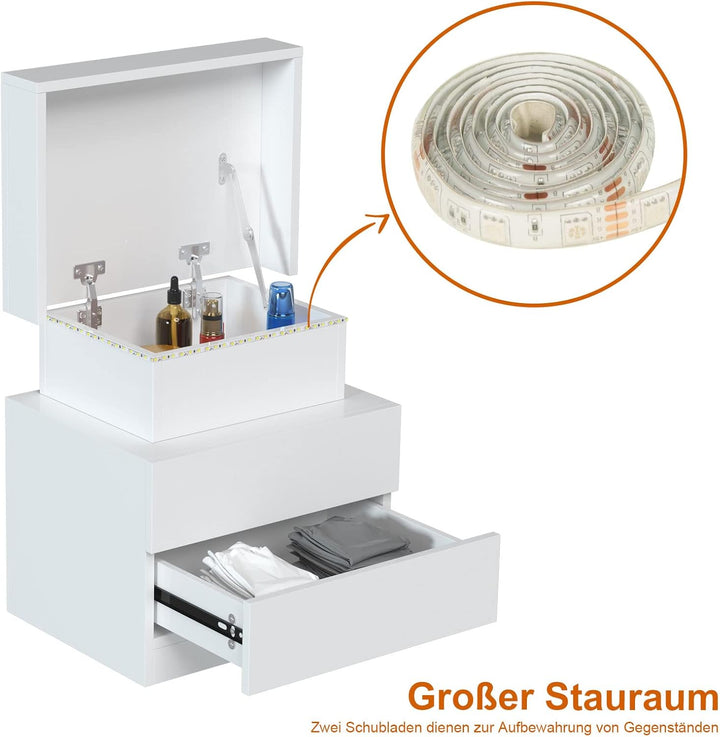 PIPIPOXER 2er Set Nachttisch mit LED Beleuchtung, Nachttisch Weiss Hochglanz mit 2 Schubladen, Nacht