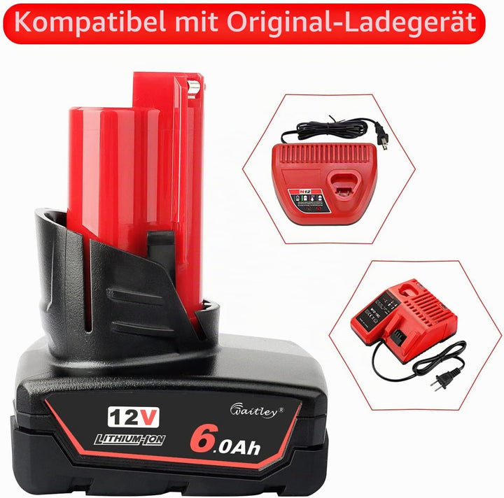Waitley M12 12V 6Ah Ersatzakku für Milwaukee M12 Li-ion Akku 48-11-2411 48-11-2440 48-11-2402 Werkze