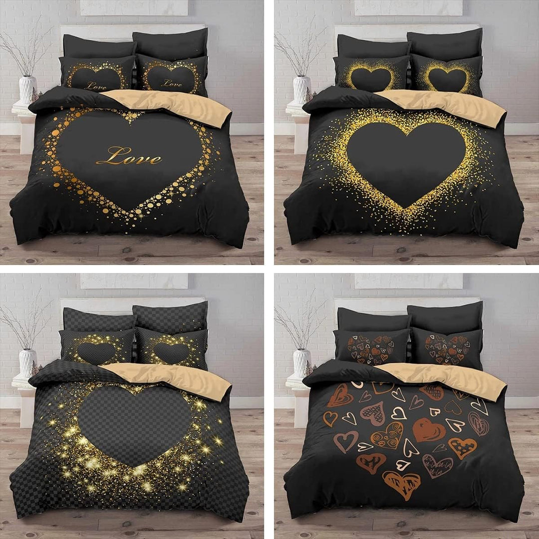 Freyamy 3D Aesthetic Bettwäsche 220x240cm 3teilig Schwarz Gold Herzmotiv Liebe Modern MikrofaserKind