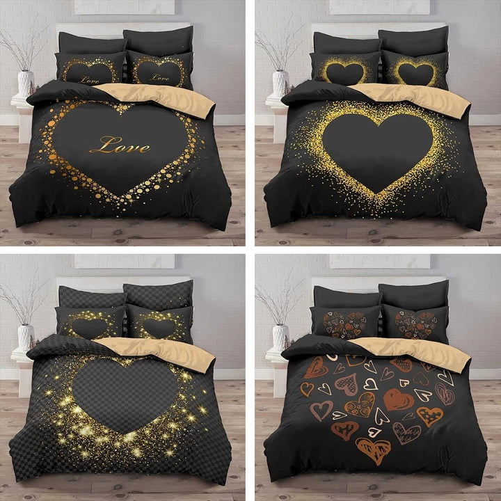 Freyamy 3D Aesthetic Bettwäsche 220x240cm 3teilig Schwarz Gold Herzmotiv Liebe Modern MikrofaserKind