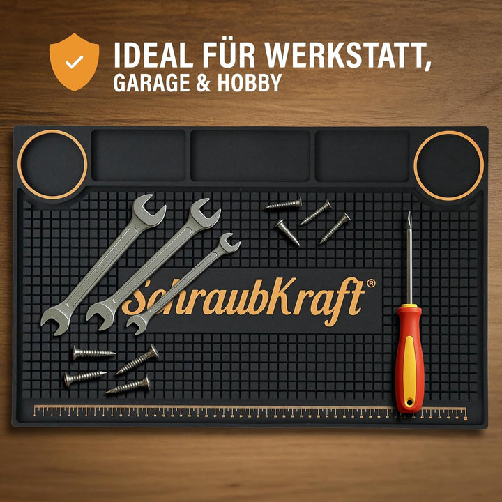 Premium Werkbankmatte (55 x 35cm) - Antirutsch Werkstattunterlage mit Organizer & Messskala I Robust