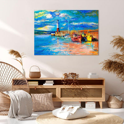 Bilder auf Leinwand 100x70cm Leinwandbild mit Rahmen Leuchtturm Meer Gross Wanddeko Bild Schlafzimme