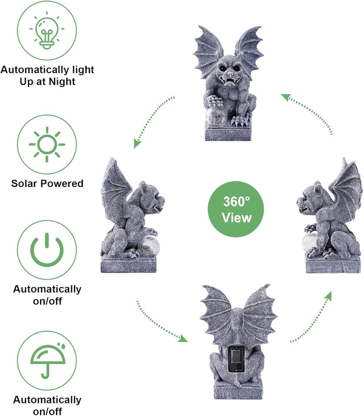 Solar Gargoyle Figuren Gartendeko mit LED-Licht - Steinfiguren mit Solarlampe Glasball Garten Wetter