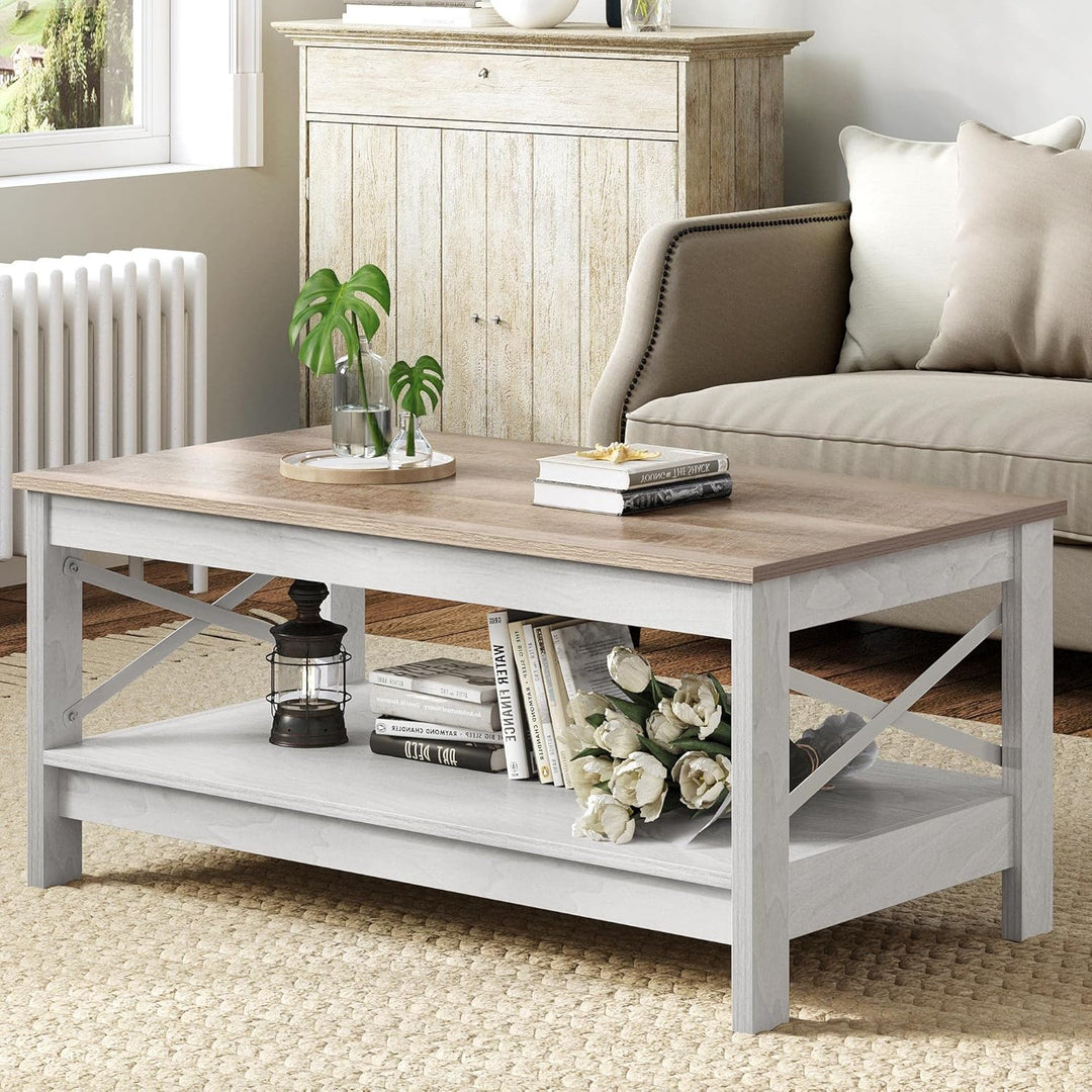 YITAHOME Couchtisch, Wohnzimmertisch, 2-stöckiger Dicker Holz Rechteckiger Couchtisch, X-Form Metal