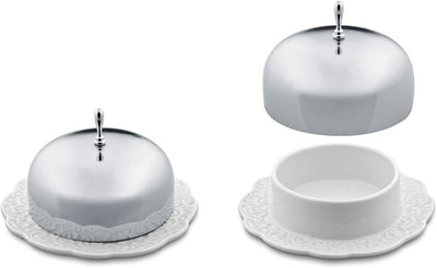 Alessi MW16 Dressed Butterdose rund aus Porzellan, Weiss, 16 x 13.5 x 32 cm