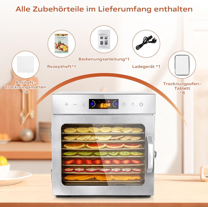 Dörrautomat Edelstahl mit 8 Stainless Steel Grids und 8 er Dörrfolie, BPA-frei, Einstellbare Tempera