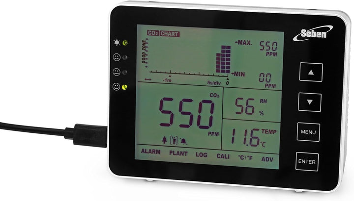 Seben 1200P B CO2 Messgerät und Monitor mit Ampel, akustischer Alarm, Datenlogger für die Messung vo