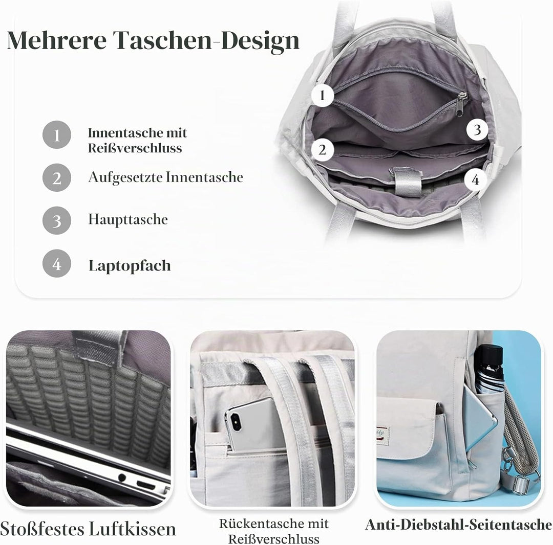 PORRASSO Damen Laptop Rucksack Casual Schultertasche mit USB Ladeanschluss Gepäckband Schultasche fü