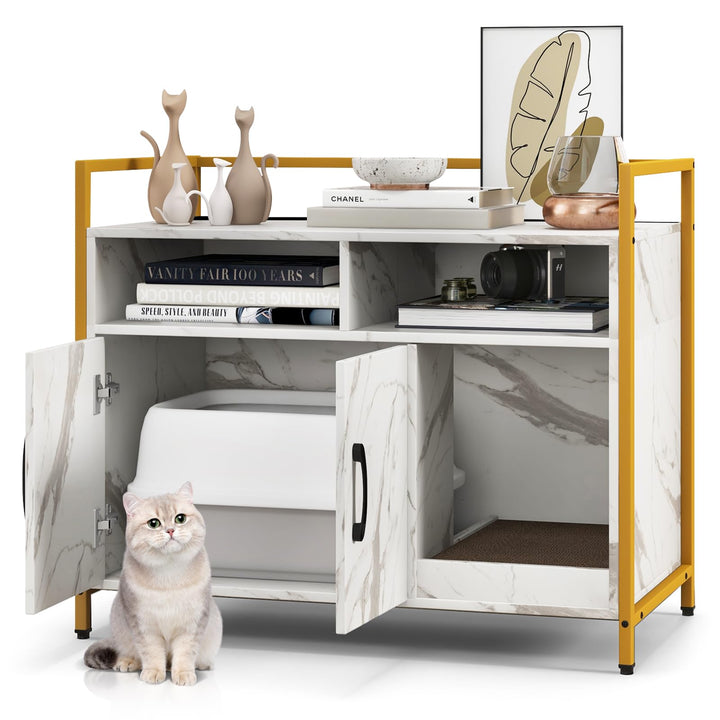 COSTWAY Katzenschrank Katzentoilette mit Doppeltüren &amp; Kratzunterlage, Katzenhaus mit offenem Regal