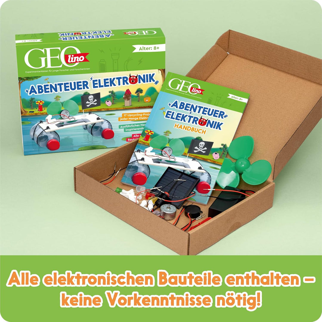 FRANZIS 67073 - GEOlino Experimentierkasten Abenteuer Elektronik, Set mit Solarmodul, LEDs, Solarmot