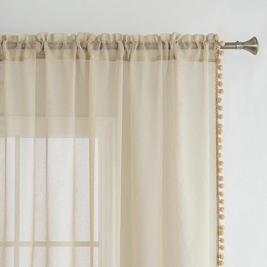 MIULEE Gardinen mit Pompons-Hübsche Beige Transparent Gardinen für Kinderzimmer Mädchen, 2 Stücke Vo