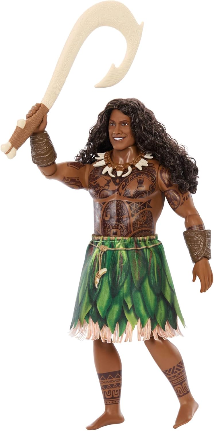 Mattel Disney Vaiana Maui-Puppe mit Abnehmbarer Kleidung, lockigen Haaren, Angelhaken und 3 Zubehör