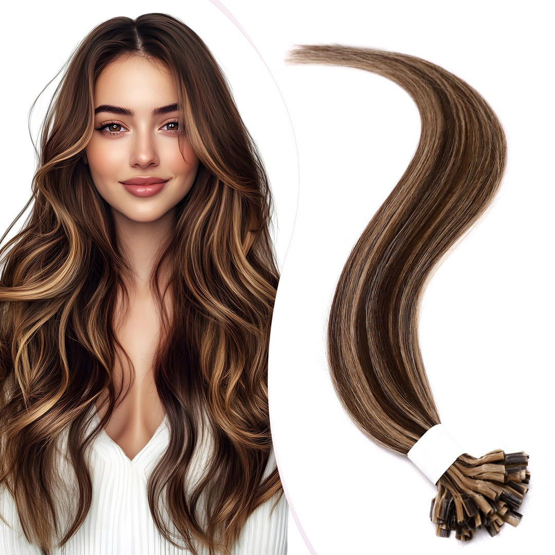 Elailite Echthaar Bonding Extensions Balayage Mittelbraun + Honigblond 25 Strähnen 25g Haarverlänger