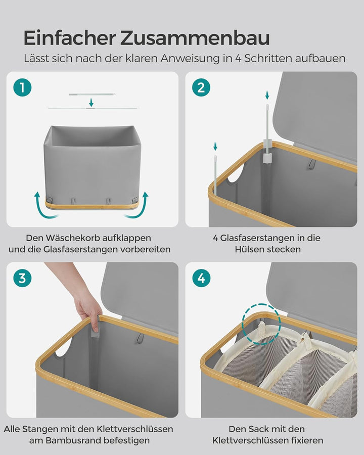 SONGMICS Wäschekorb mit Deckel, Wäschesammler mit 3 Fächern, 150 L, herausnehmbarer Wäschesack, Oxfo