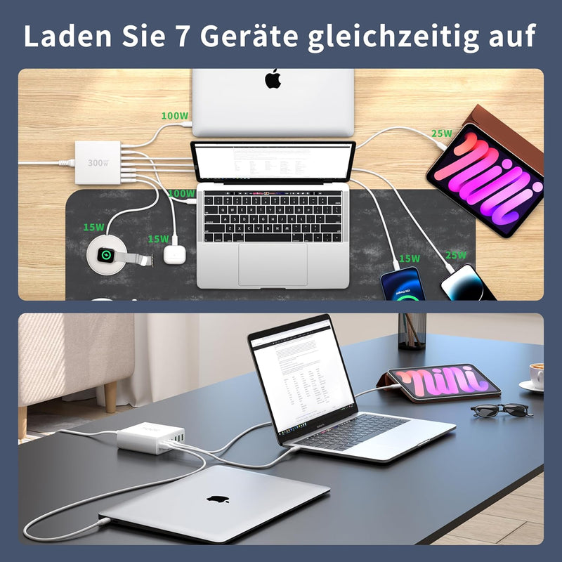 FINIBO 300W USB C Ladegerät Mehrfach: 7-Ports USB Schnellladegerät mit 4 USB-C und 3 USB-A, USB Char