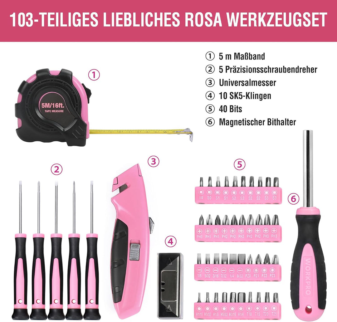 WORKPRO Pink Werkzeug Set Rosa 103 teilig Haushalts-Werkzeugsatz Reparatur mit Tasche, Ideal Geschen
