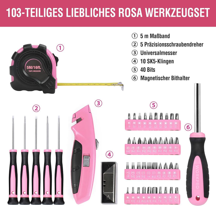 WORKPRO Pink Werkzeug Set Rosa 103 teilig Haushalts-Werkzeugsatz Reparatur mit Tasche, Ideal Geschen
