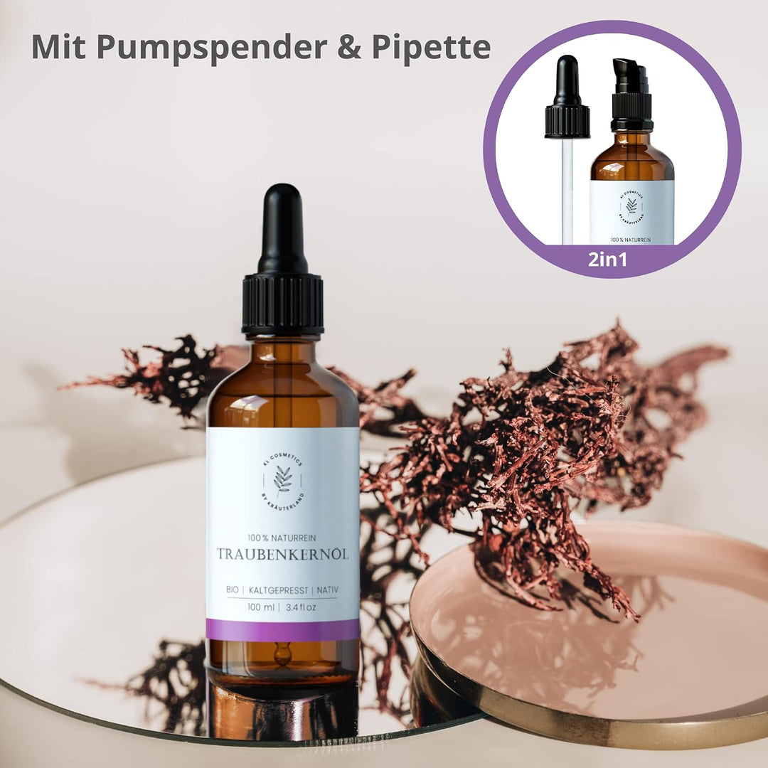 Kräuterland - Traubenkernöl Bio Hautöl 100ml - 100% rein, kaltgepresst - Pflege für Gesicht, Körper,