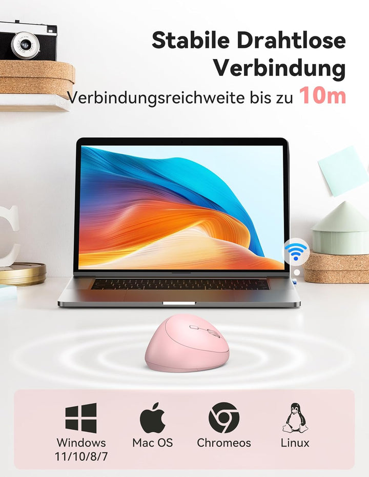 TECKNET Ergonomische Maus Kabellos, 4800 DPI Vertikale Maus, 99% Lärmminderung, 6 Tasten, 2.4G Compu
