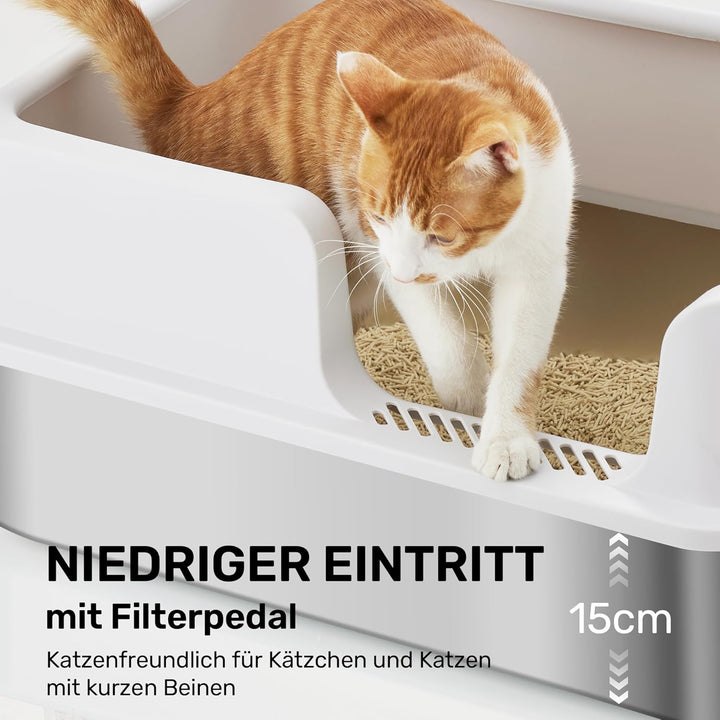 FUKUMARU Katzenklo Edelstahl XXL, Hohe Seitenwände Katzentoilette, 30L Grosse Kapazität Auslaufsiche